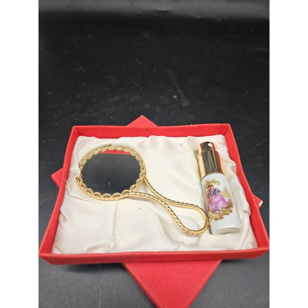 vintage Limoges Fragonard porcelain miniature hand mirror And Atomizer Set